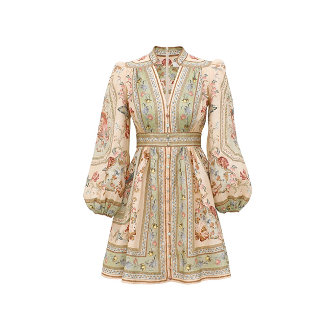 zimmermann roselight tapestry floral linen mini dress